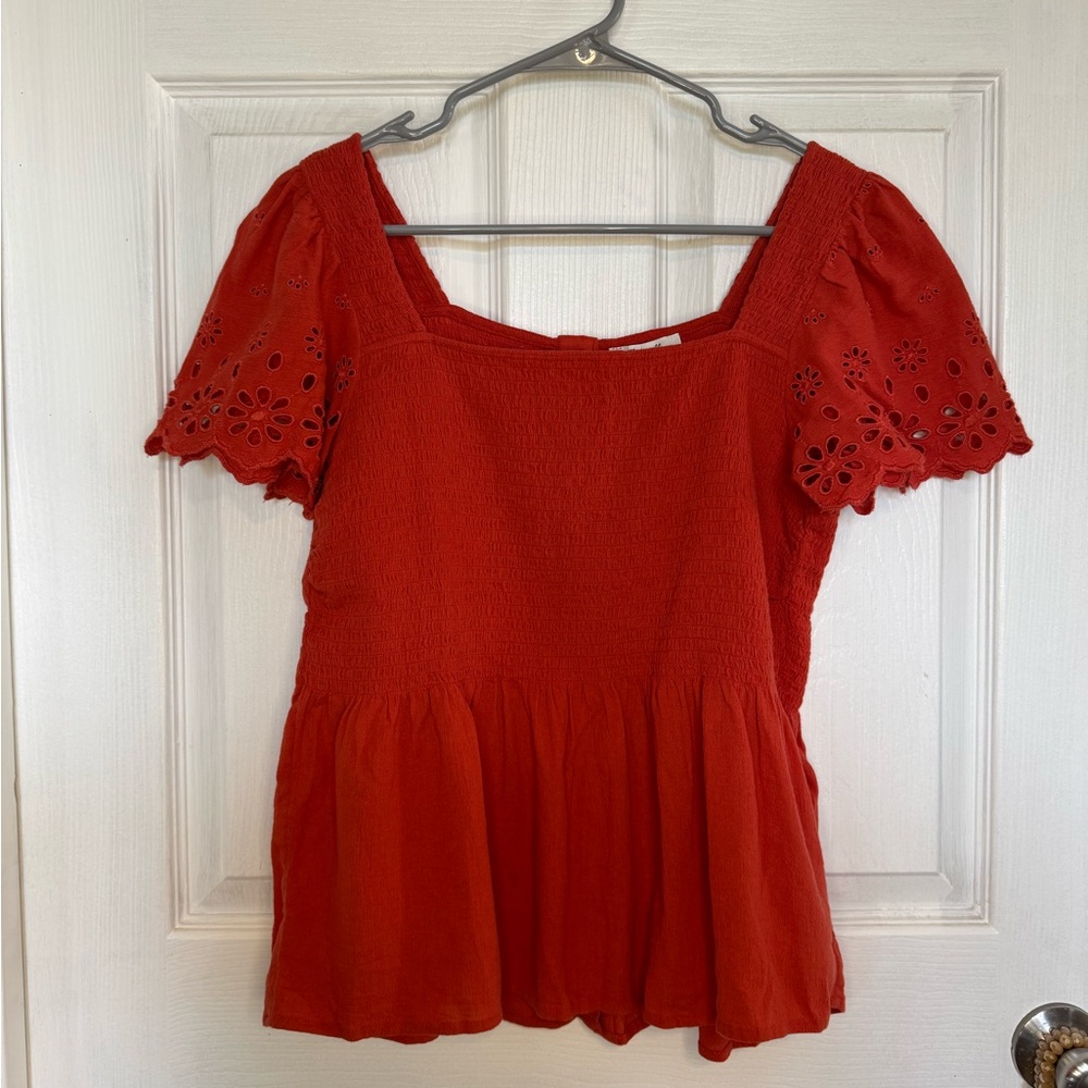 NWT Madewell Eyelet Sleeve Lucie Smocked Peplum Top